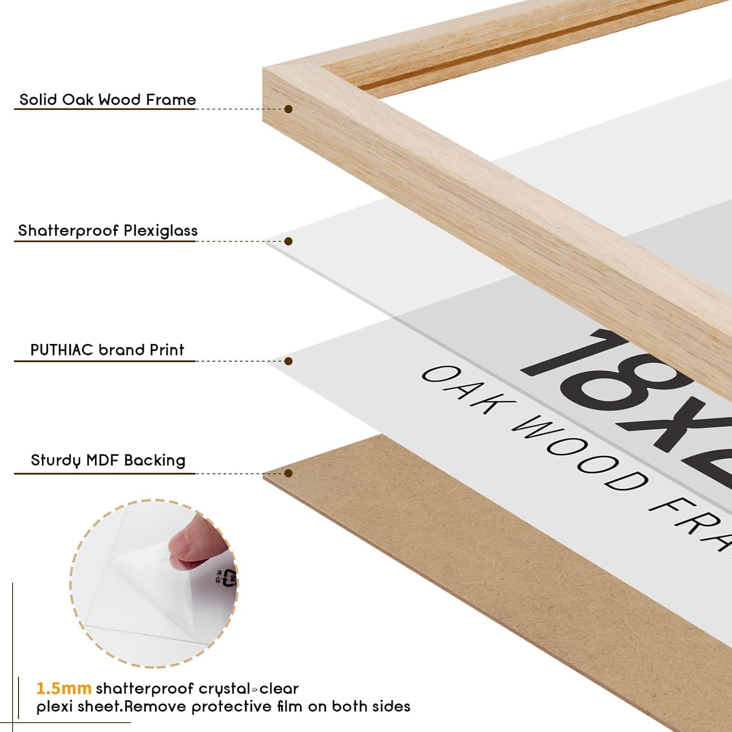 Thumbnail 1 de puthiac 18x24 Solid Oak Wood Picture Frame (No Mat) with Plexi Front, Vertical or Horizontal