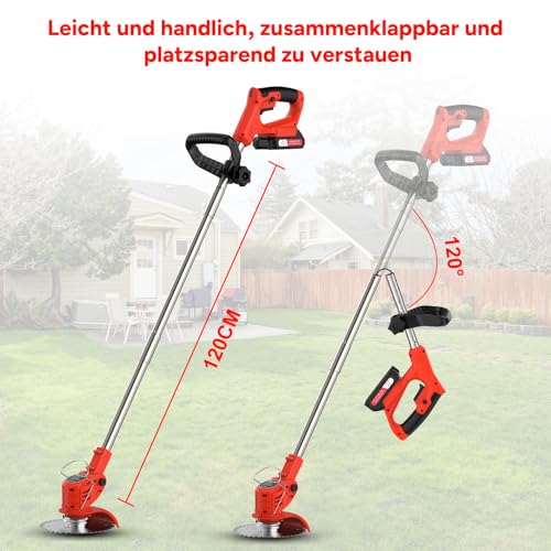 Detalle de OUTIGO Akku-Rasentrimmer mit zwei Akkus, 21V, 4 Messertypen + Gartenschere – verstellbarer Teleskop-Führungsholm