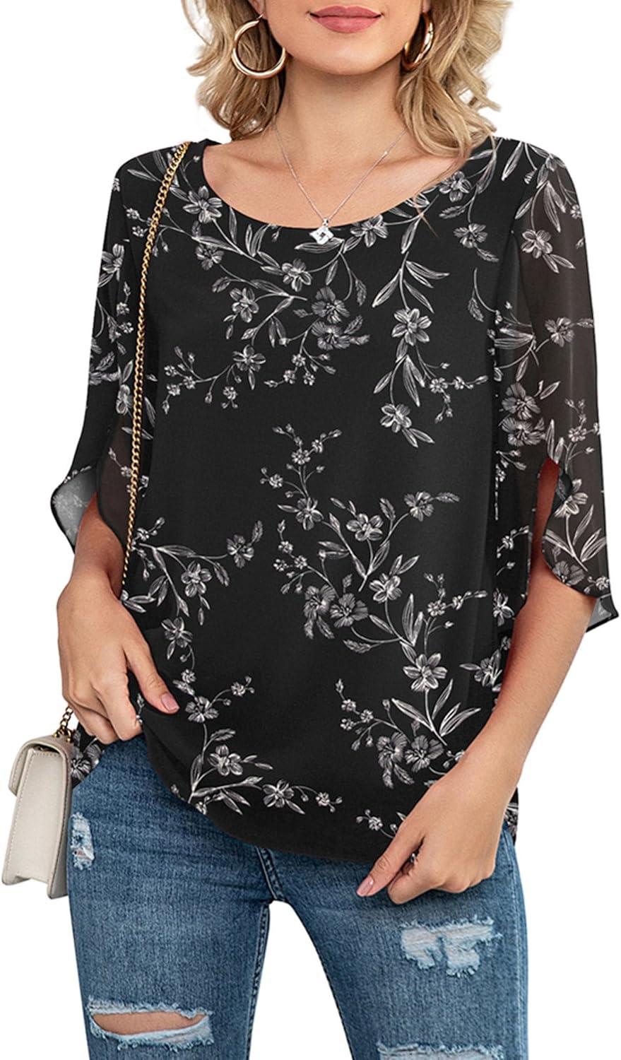 Detalle 2 de Neineiwu Chiffon Tunika Loose Fit 3/4-Ärmel