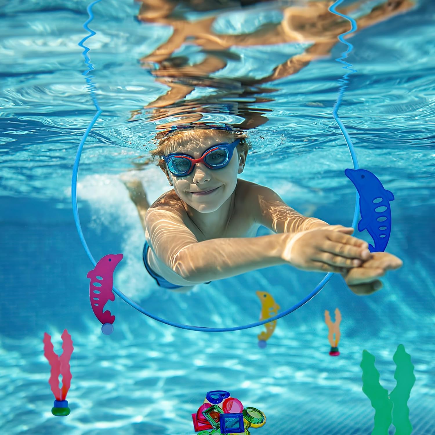 Detalle de Pool-Spielzeug ab 5–12 Jahren: Tauchspielzeug-Set mit Tauchringen, Delfinen, Seegras und Juwelen