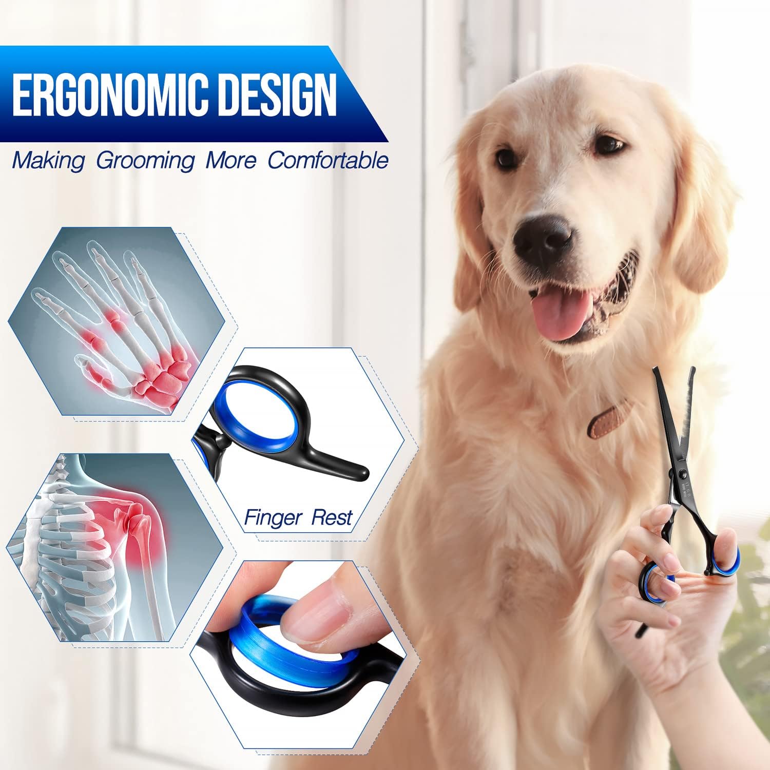 Detalle de Gimars 4C 5-in-1 Dog Grooming Scissors Kit with Safety Round Tips – 4CR Stainless, Titanium Coated (Black)