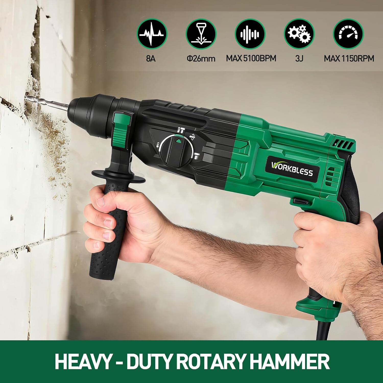 Detalle 2 de WorkBless sds hammer drill, 1-Inch SDS-Plus Rotary Hammer, 8A, 3.0J