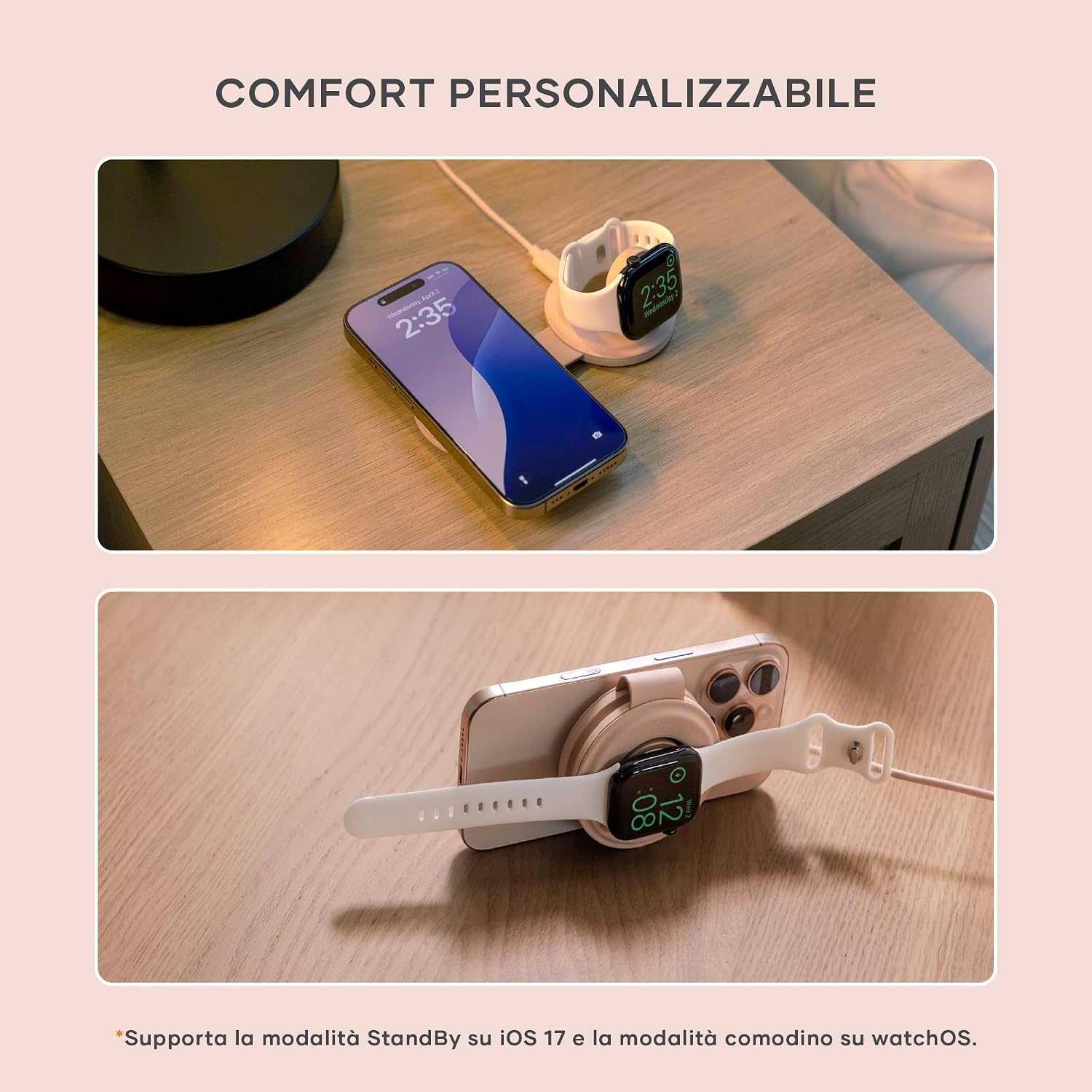 Detalle de SATECHI OntheGo 2-in-1 Caricatore Wireless Pieghevole: ricarica rapida Qi2 per iPhone e dispositivi Apple in viaggio