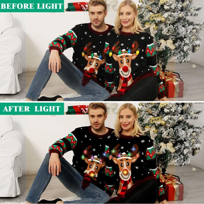 Detalle 1 de MDAI Ugly Christmas Sweater with LED Lights, Reindeer Pattern, 100% Acrylic