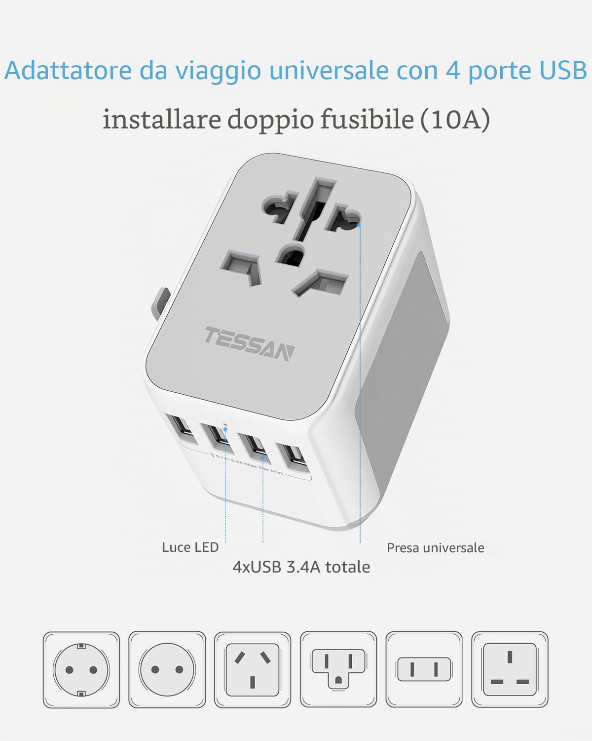 Thumbnail 2 de TESSAN Adattatore Universale da Viaggio 5 in 1: presa con 1× presa CA e 4× USB A