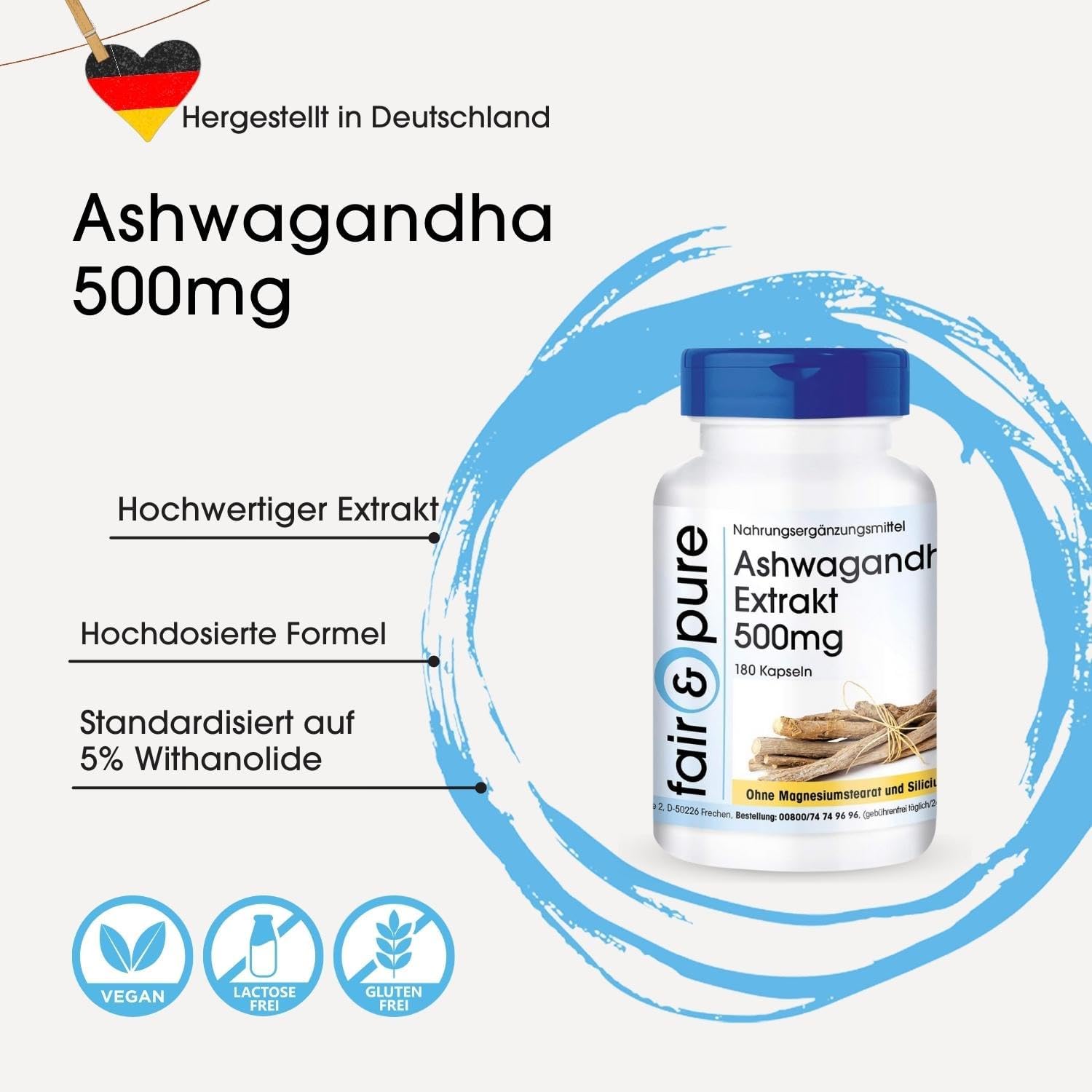 Detalle 2 de Fair & Pure Ashwagandha Extrakt 500 mg – 180 Kapseln, vegan & made in Germany