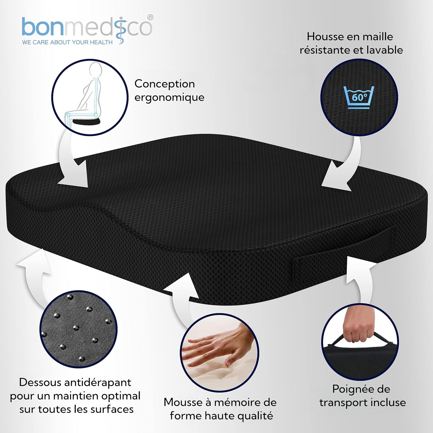 Detalle de Bonmedico Coussin Chaise Bureau et Voiture – Coussin Ergonomique et Orthopédique en Mousse à Mémoire de Forme, Dureté Moyenne, Noir 41x41x5 cm