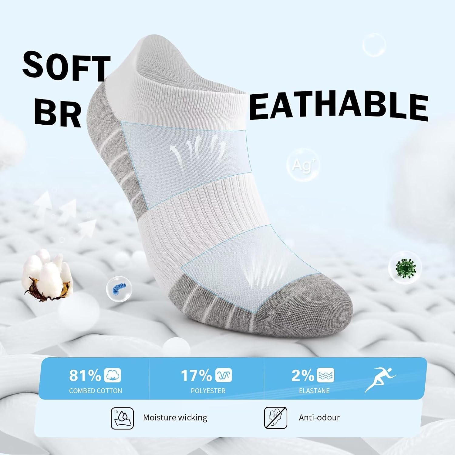 Detalle de TUUHAW Trainer Socks 10 Pairs Cotton Ankle Socks