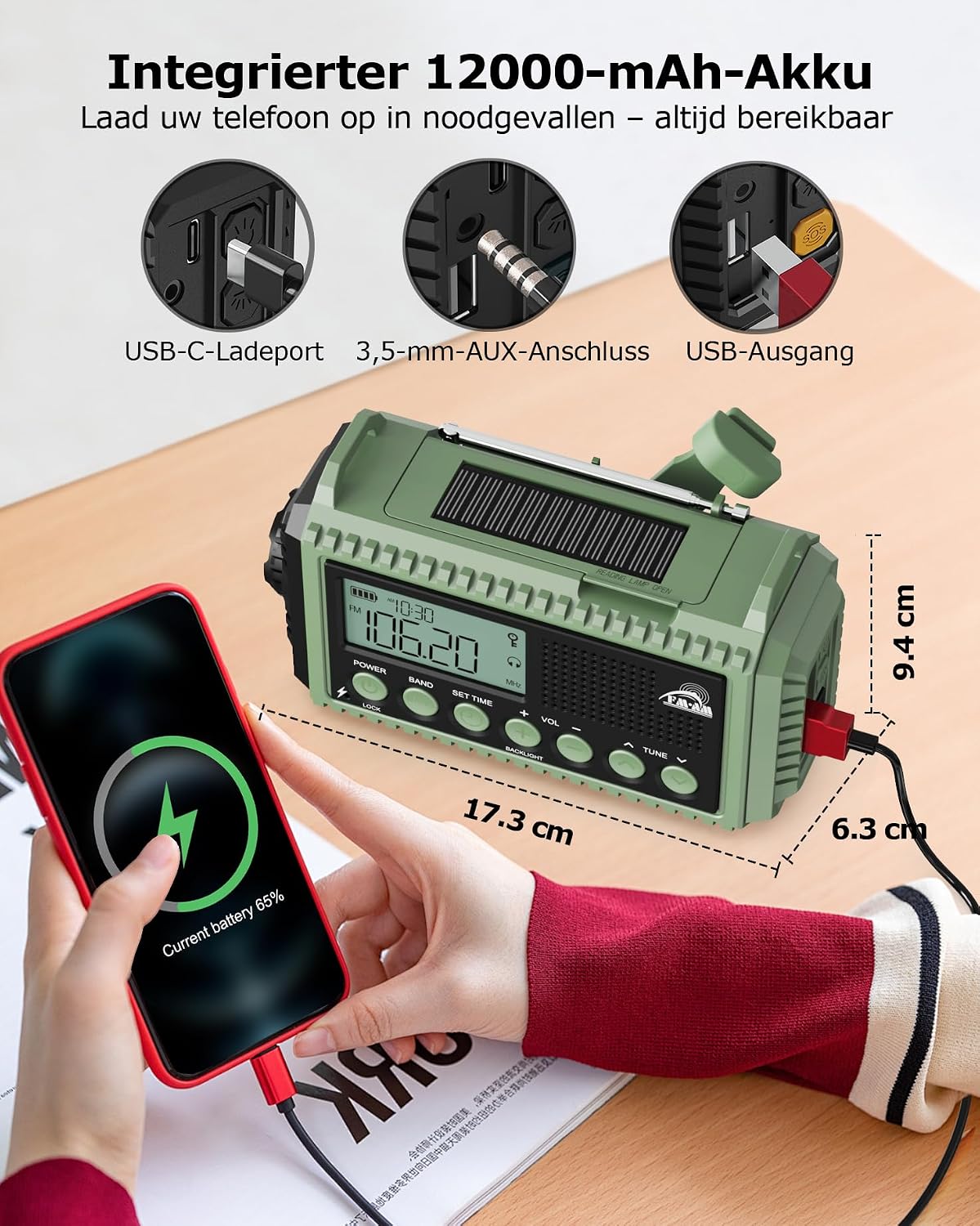 Detalle de Roxicosly CR1009Ultra noodradio met 12.000 mAh, zonnepaneel en handslinger