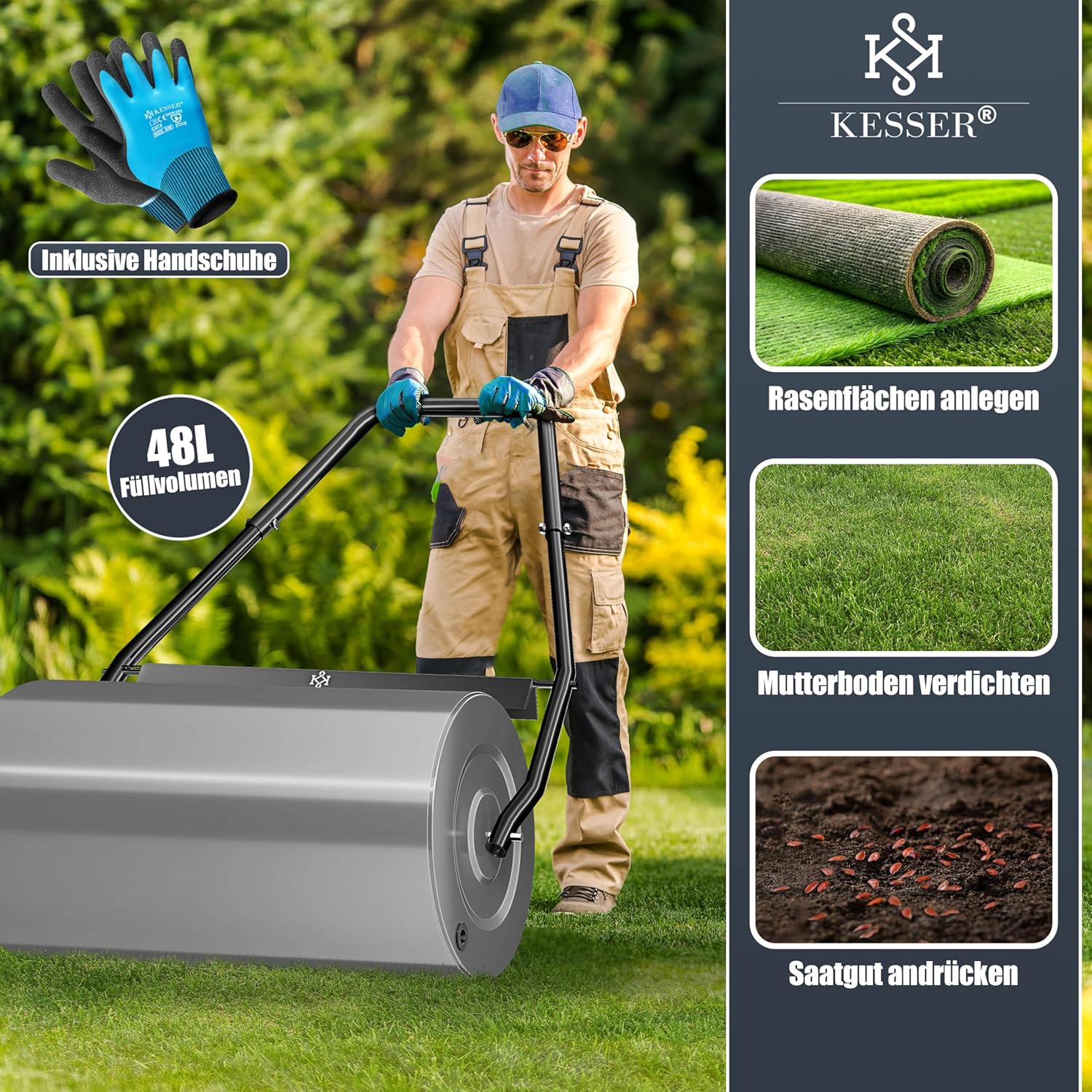 Thumbnail 5 de KESSER® Rasenwalze aus Metall, befüllbar (Wasser oder Sand) – 48 Liter Füllvolumen, 60 cm Arbeitsbreite