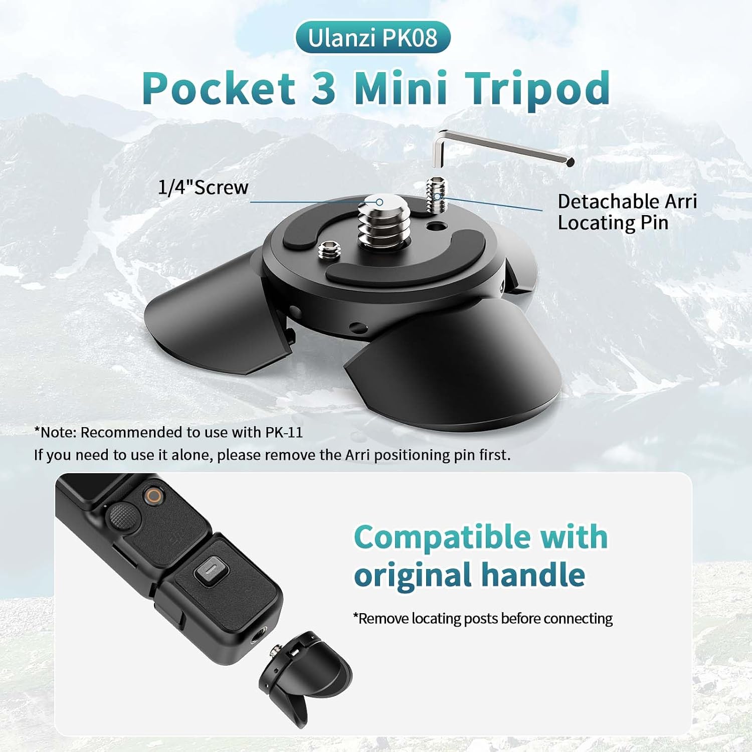 Detalle de Kit mini trépied ULANZI Pocket 3 (PK-08 & PK-11) avec charge Type-C et vis 1/4