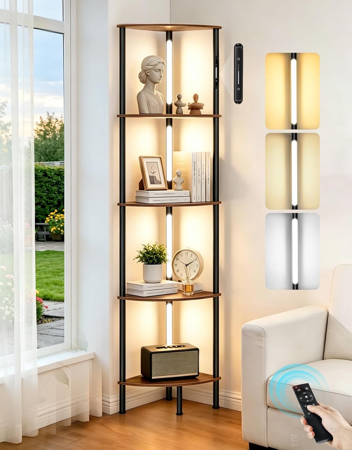 Detalle de OUTONLIFE LED Floor Lamp with Shelves (Rustic Brown) – 3 Colour Temps, Touch & Remote