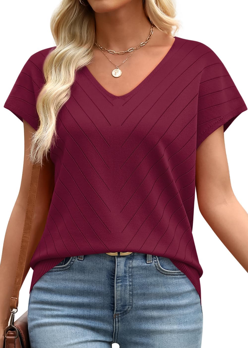 Detalle de WIHOLL Short Sleeve V-Neck Sweater for Women