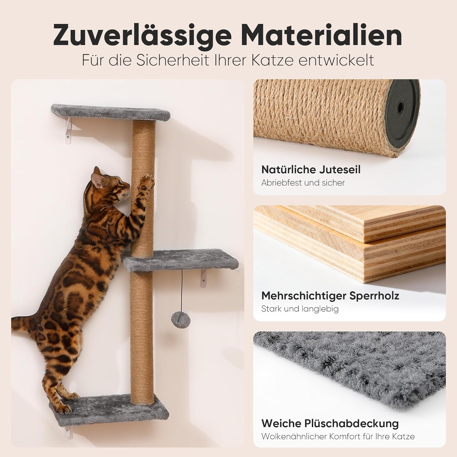 Detalle de FUKUMARU Kletterwand Katzen Set (Multiplex) bis 18 kg – Katzenbrücke, Kratzbaum und Hängematte in Hellgrau