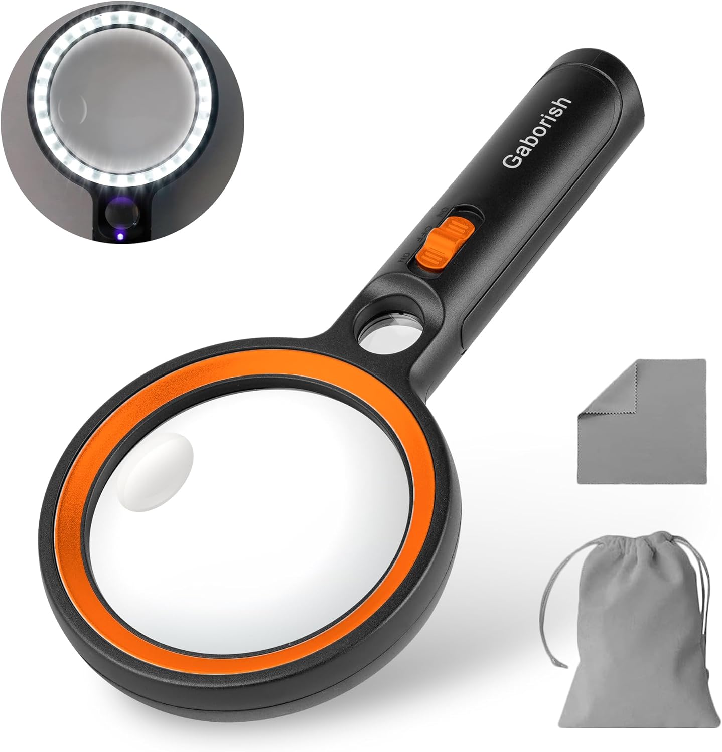 GABORISH Lupe mit Licht – 10x/20x/45x Vergrößerung, 30 LED + UV, Leselupe für Senioren (Groß, Orange)