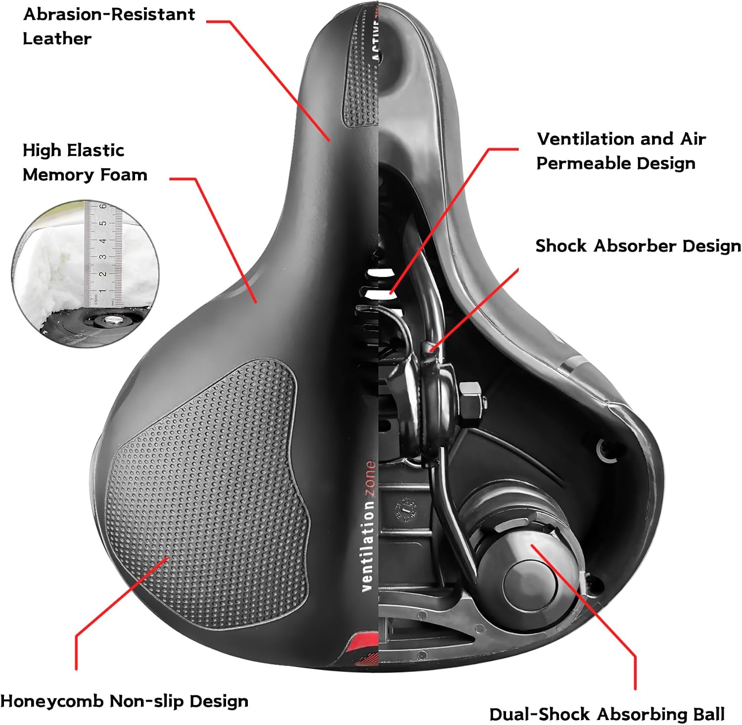Detalle de Selle de vélo Ultra Confort Hmseng : mousse mémoire, amortisseurs à double ressort et ventilation