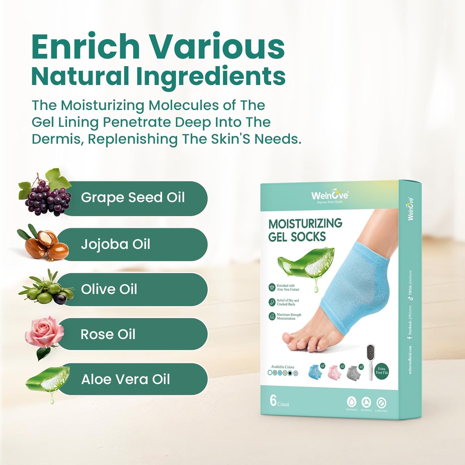 Detalle de Welnove Moisturizing Heel Socks – Aloe Vera Gel Lining (3 Pairs) with Extra Large Foot File