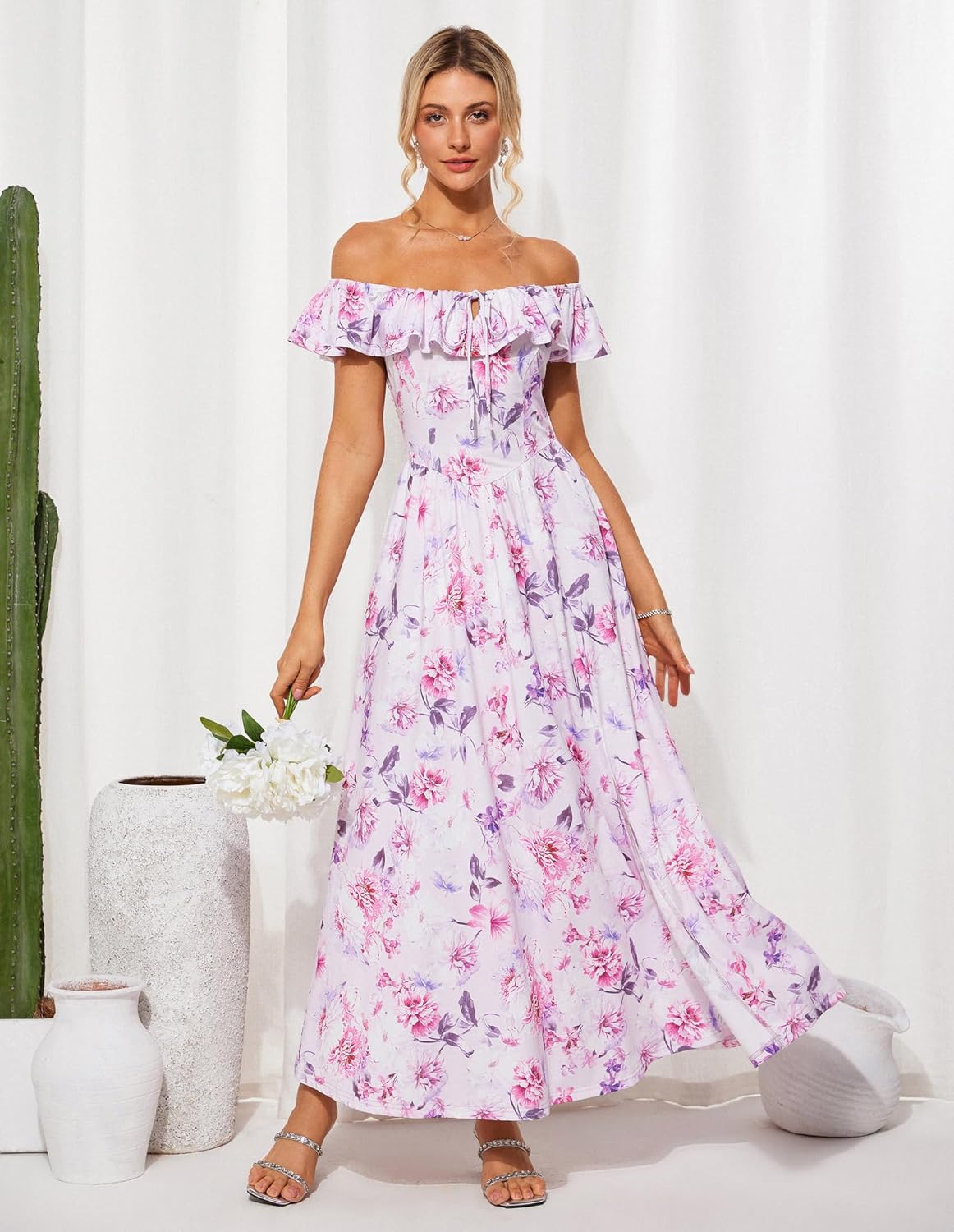 Detalle de Grace Karin Robe Longue Femme Épaules Dénudées – Imprimé Floral Bleu Blanc