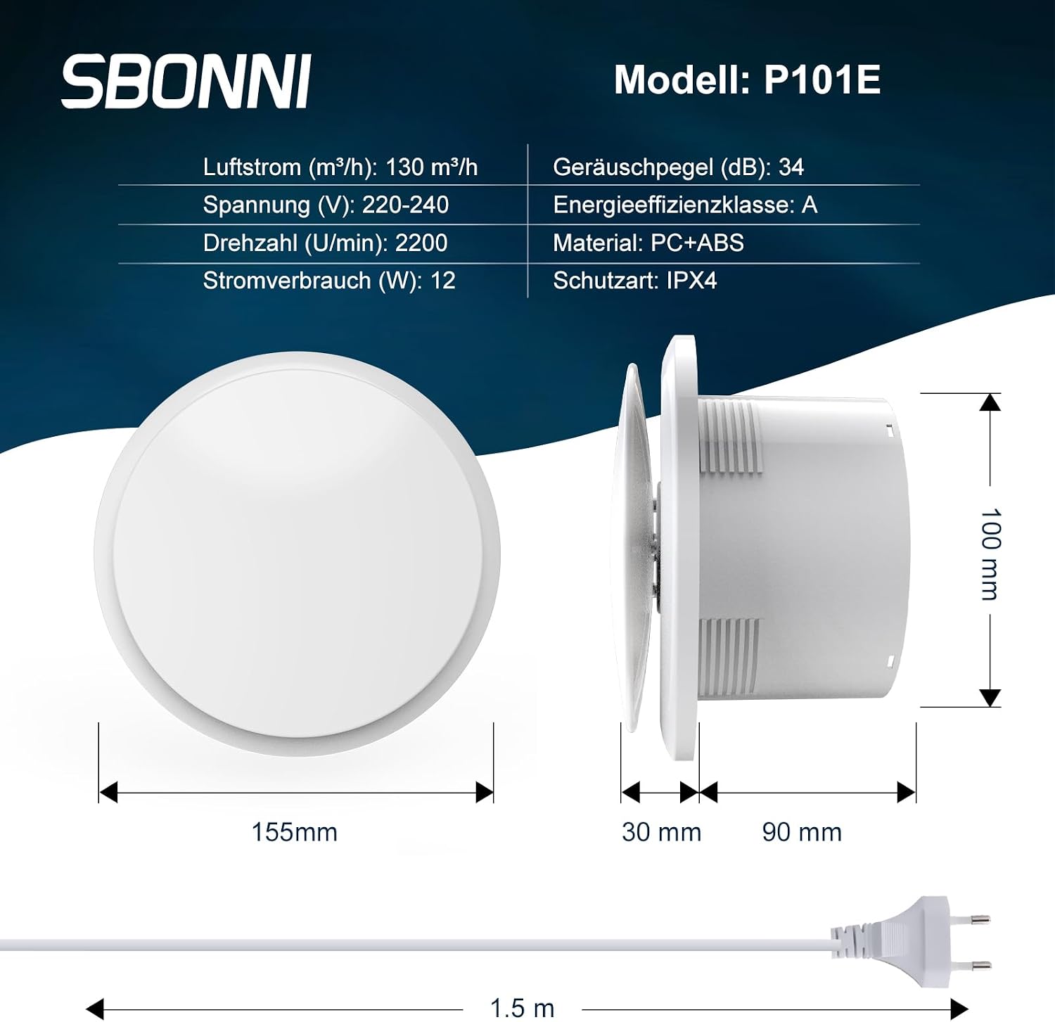 Detalle de SBONNI Badlüfter 100mm – Leiser Abluftventilator 12W, 130 m³/h, IPX4, 5 Jahre Garantie