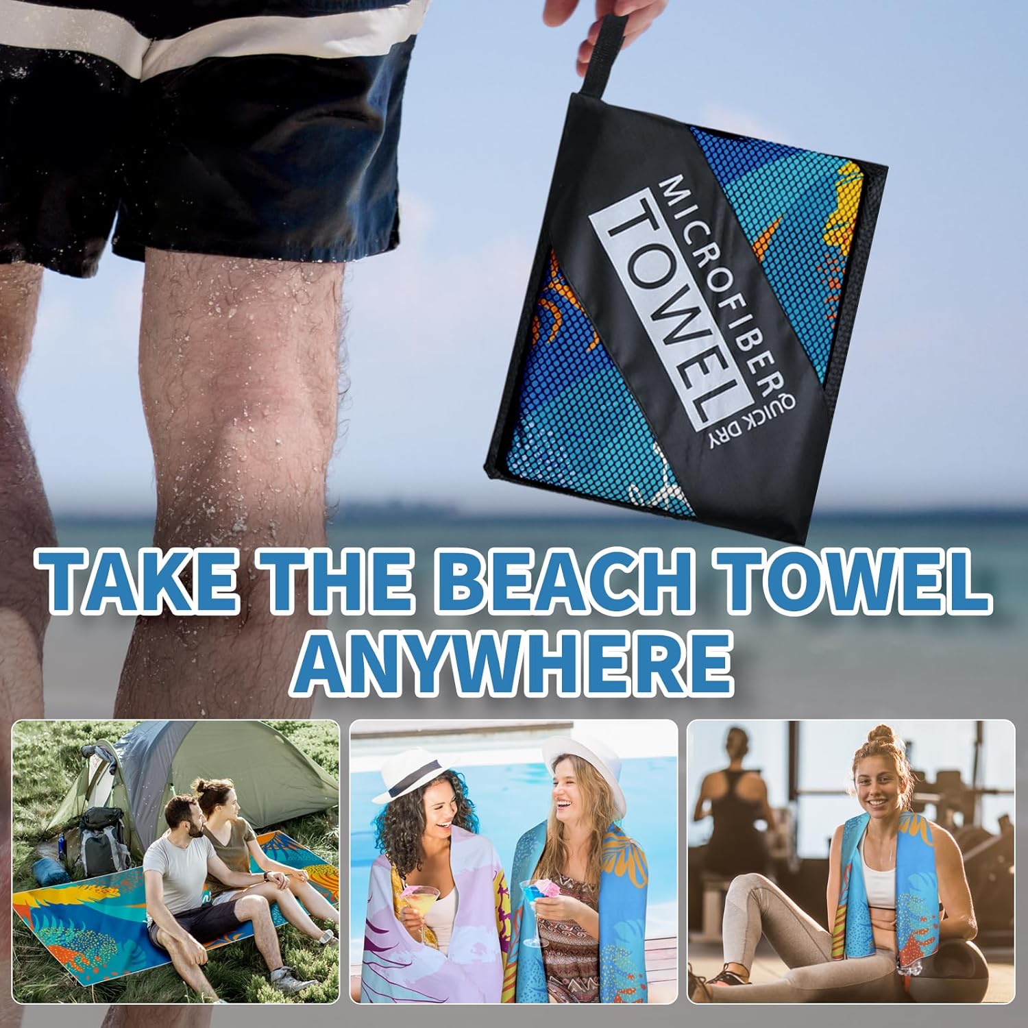Thumbnail 6 de Startseite 200 x 90 cm Microfibre Towel – Large, Sand-Free & Quick-Drying with Storage Bag (Blue Stripe)