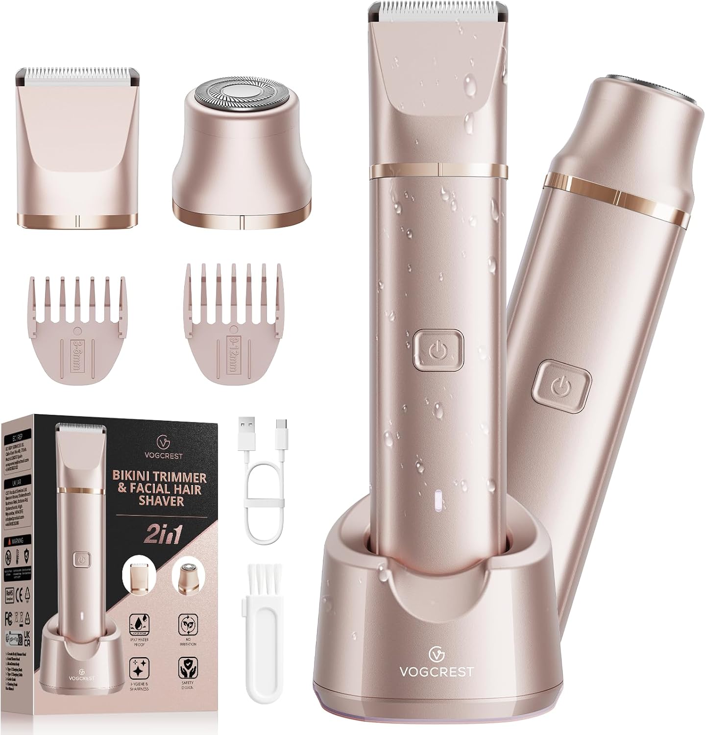 Detalle de VG VOGCREST Bikini Trimmer für Frauen (2-in-1) – schmerzloses Trimmen & Rasieren, IPX7, Champagner Gold