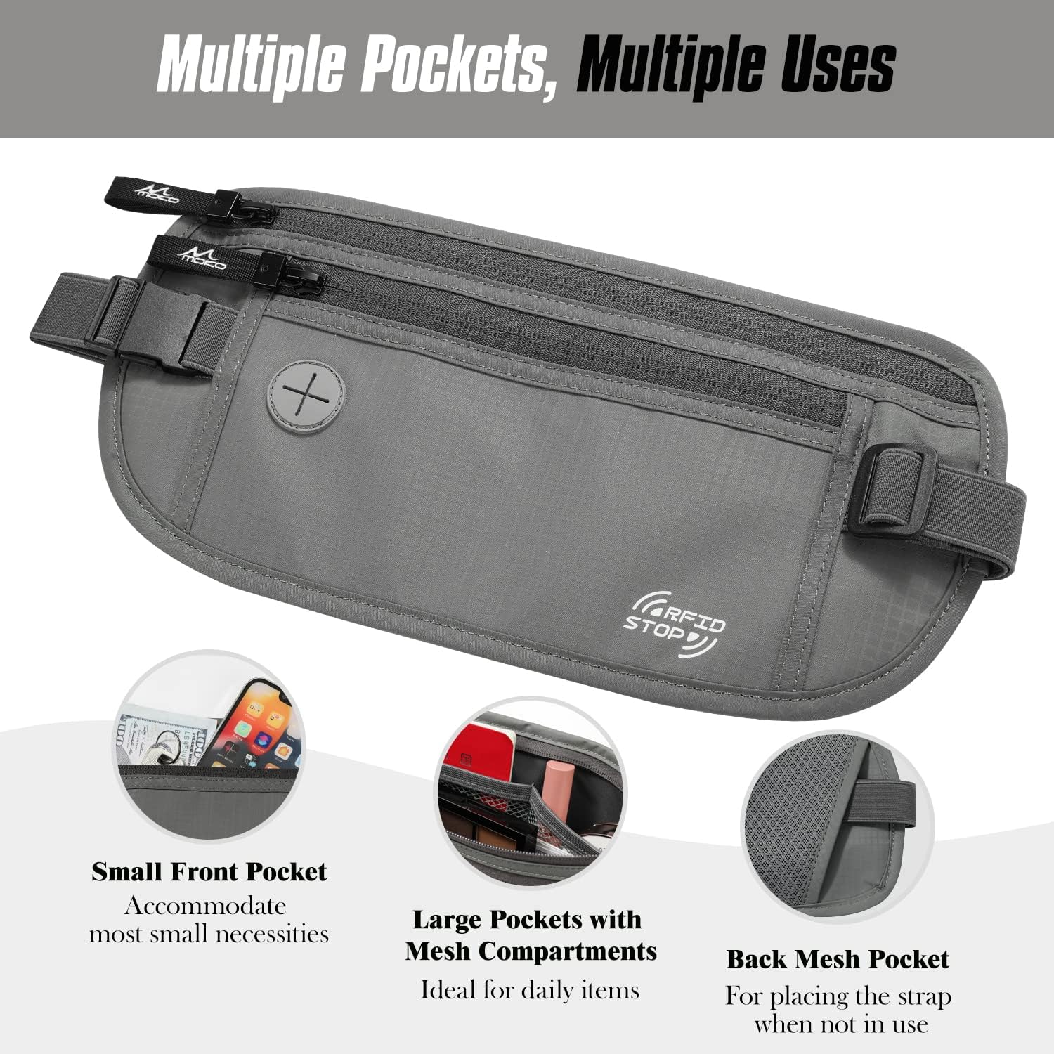 Thumbnail 4 de MoKo Secure Money Belt for Travel (RFID Block) – Grey hidden under-clothes wallet