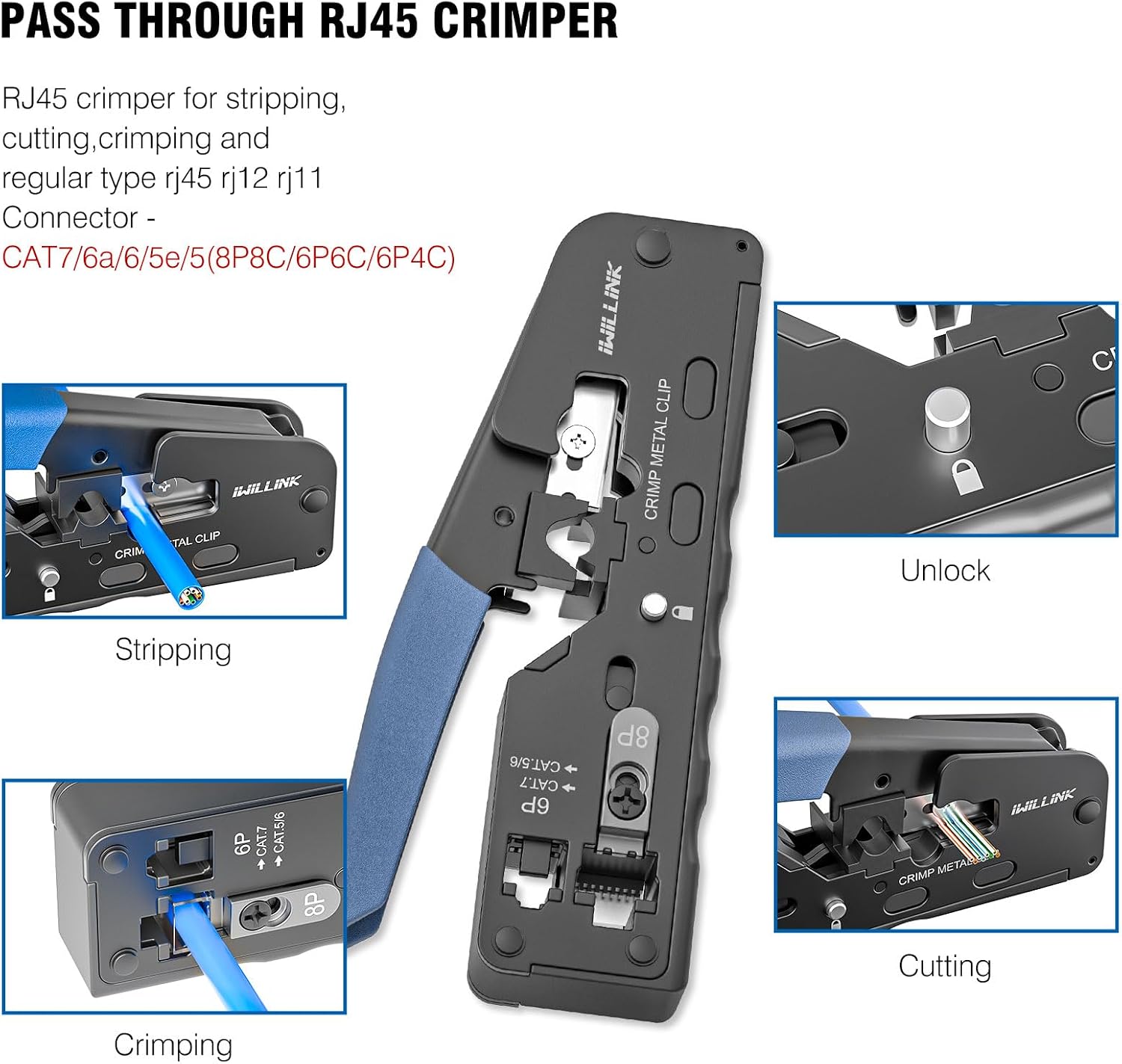 Detalle de iwillink RJ45 Crimp Tool Kit (Cat6/Cat5e/Cat6A) with RJ45 crimper, punch tool, connectors and tester