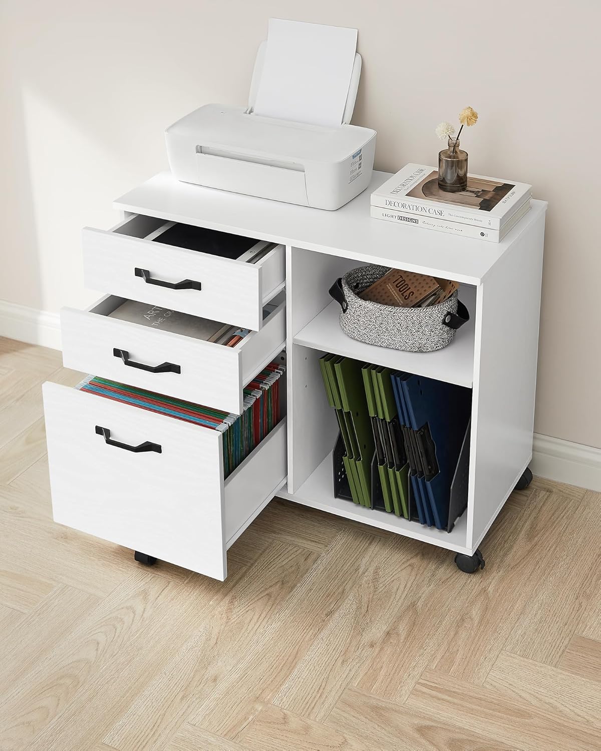 Detalle 2 de VASAGLE Rollcontainer OFC041W46 – Aktenschrank mit 3 Schubladen, Druckerständer, Rollen, weiß mit Holzmaserung