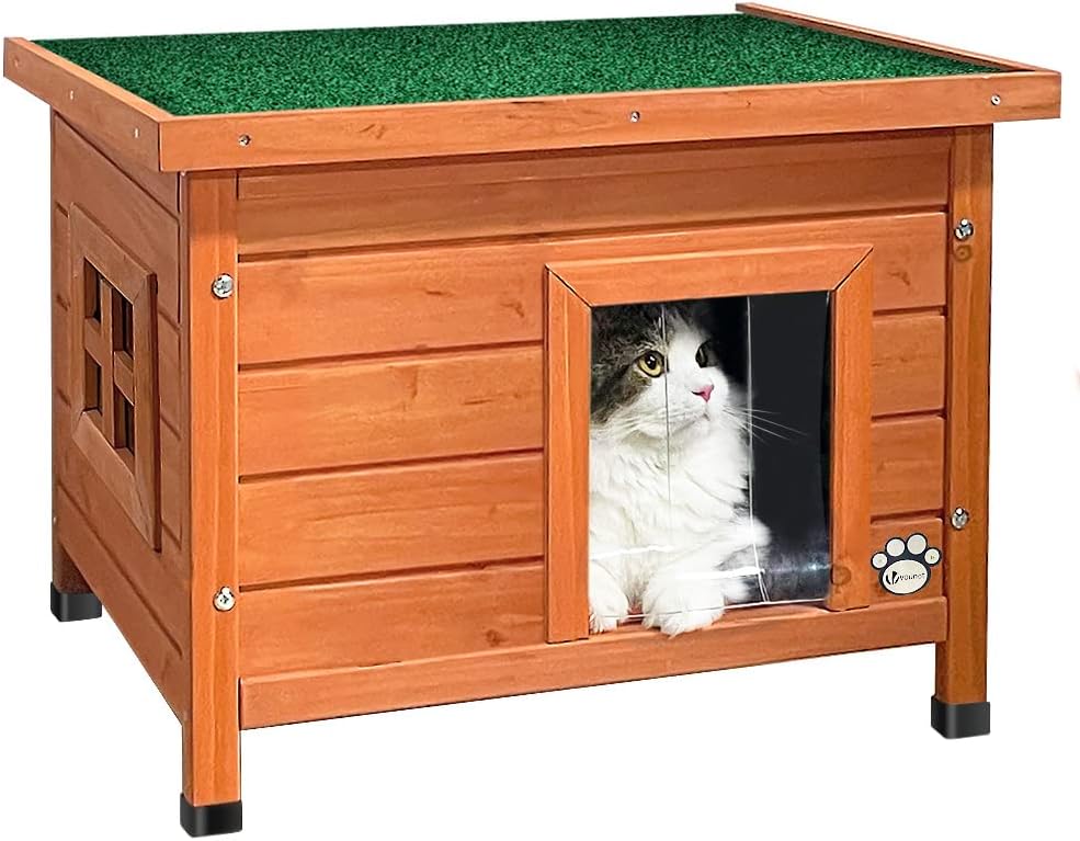 Detalle de VOUNOT Katzenhaus aus Holz mit Aspalthdach – Outdoor Katzenhütte 57 x 45 x 43 cm