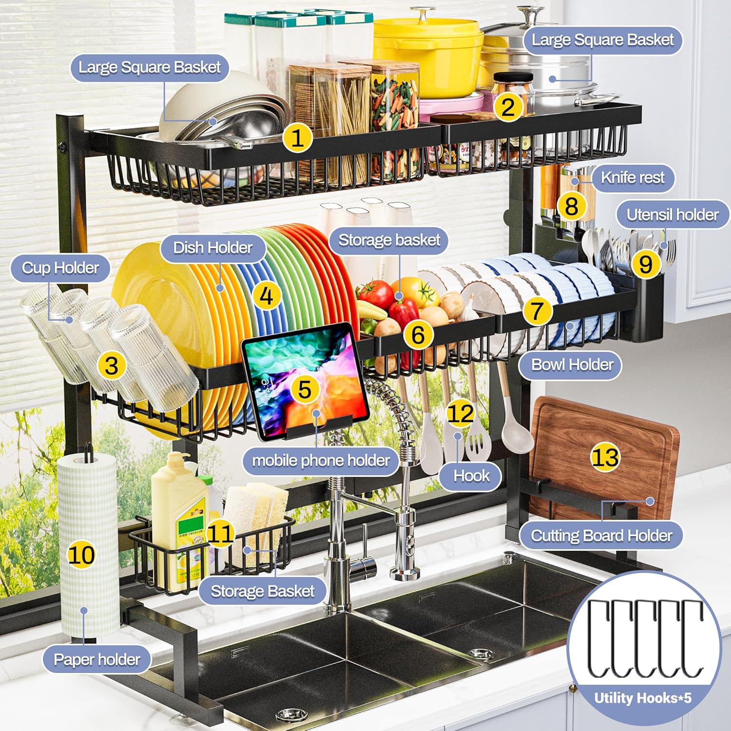 Thumbnail 6 de ADBIU Over The Sink Dish Drying Rack (Expandable Height & Length) Snap-On 2-Tier Dish Rack