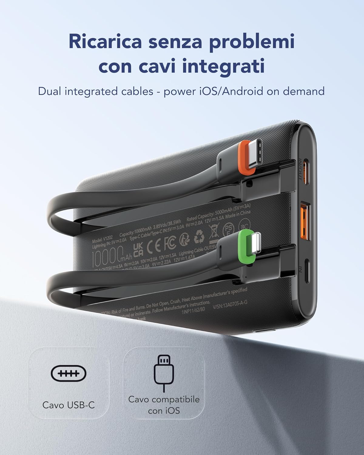 Thumbnail 1 de VEGER Power Bank 10000 mAh con cavi integrati e ricarica rapida 22,5W (4 uscite, display LED)