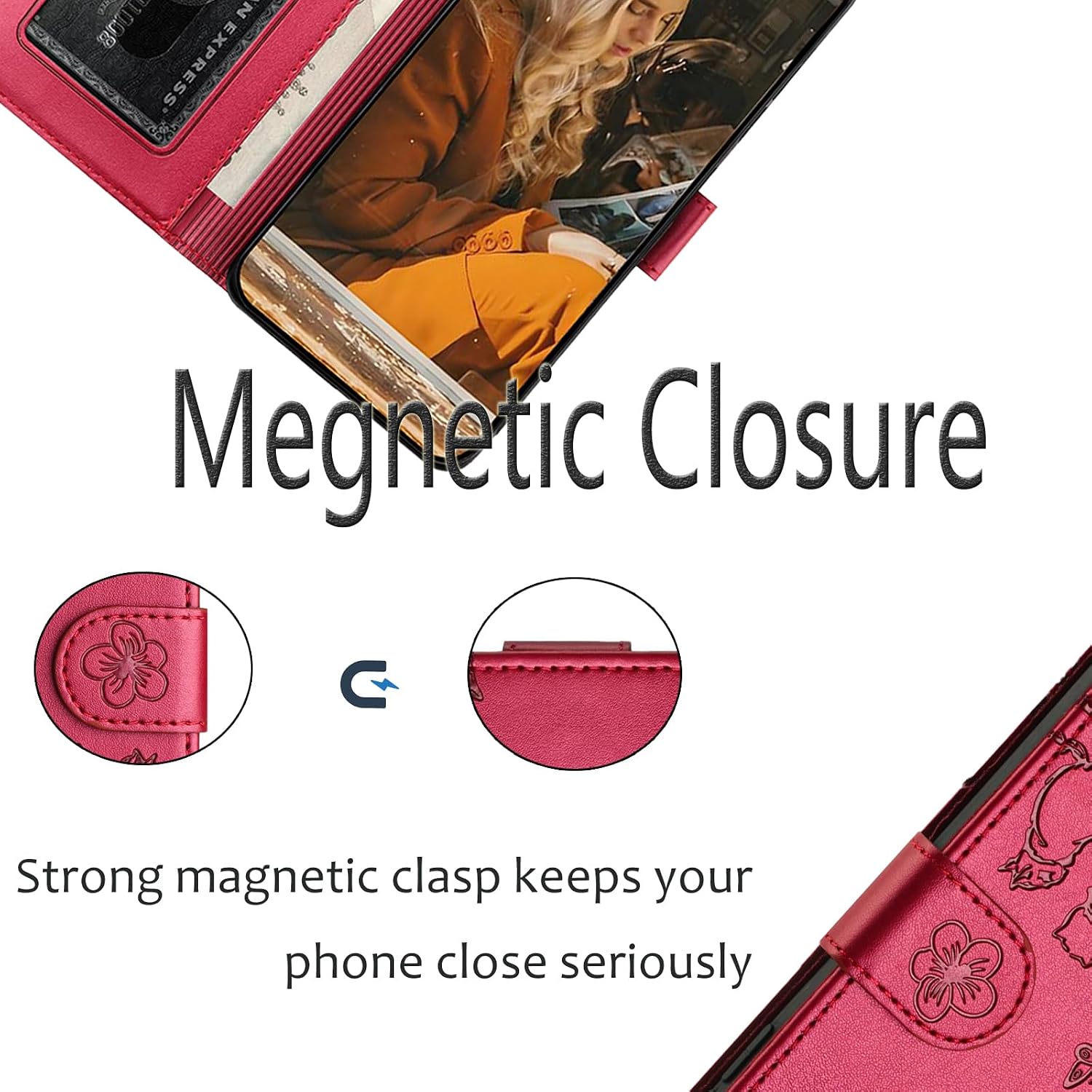 Detalle de Jeffene Handyhülle für Samsung Galaxy A56 5G (6,7 Zoll) – Klappbar mit Kartenfach, Magverschluss, Katzenmotiv, Rot