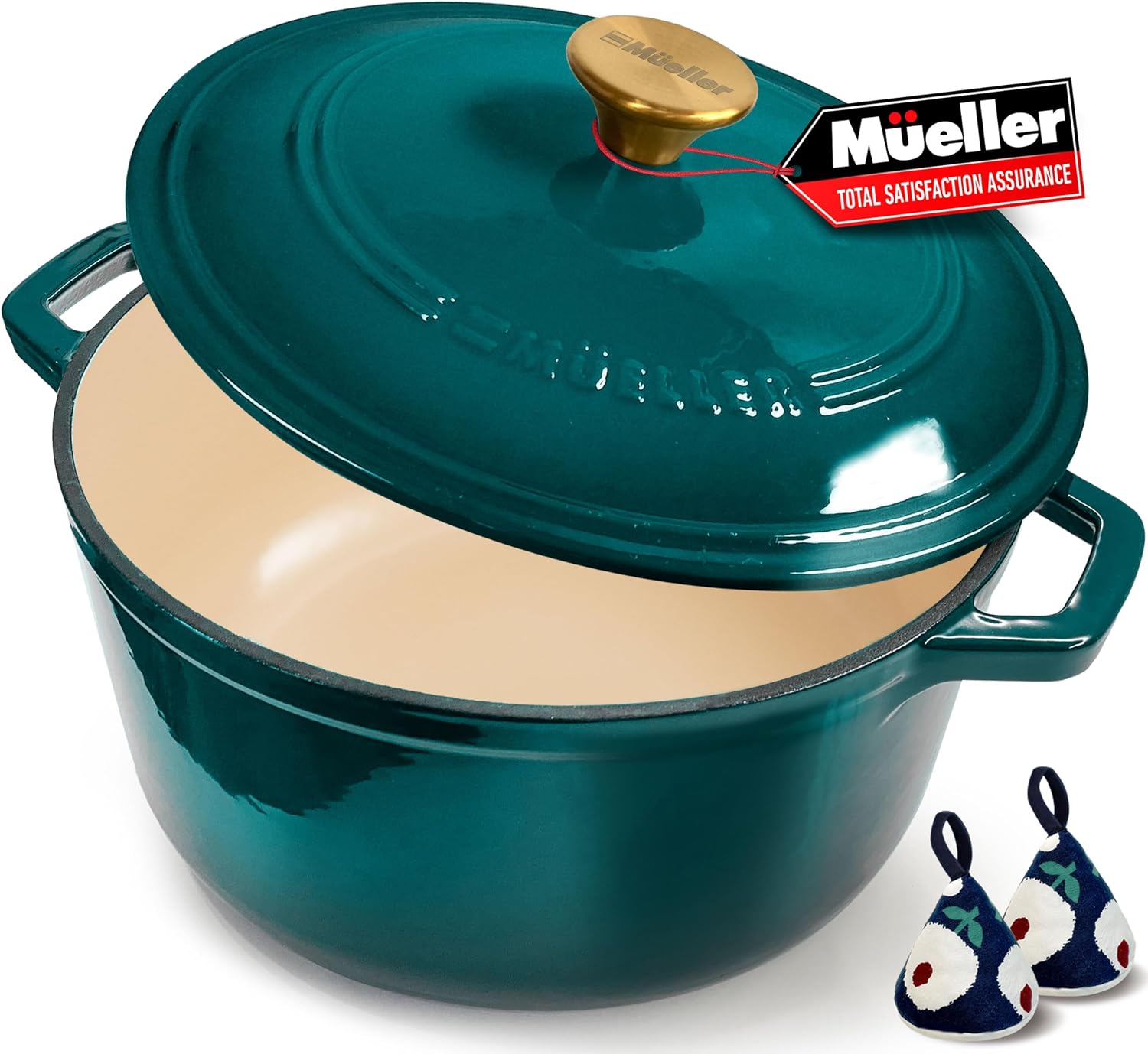Detalle de Mueller DuraCast 6 Quart Enameled Cast Iron Dutch Oven with Lid (Emerald) — 500°F Oven Safe, PFOA-Free