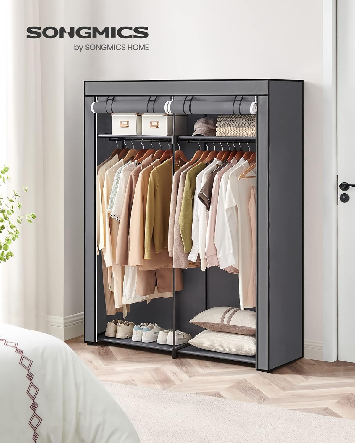 Detalle de SONGMICS Armadio Portatile in Tessuto con 2 Barre Appendiabiti – Grigio, 140 × 43 × 174 cm