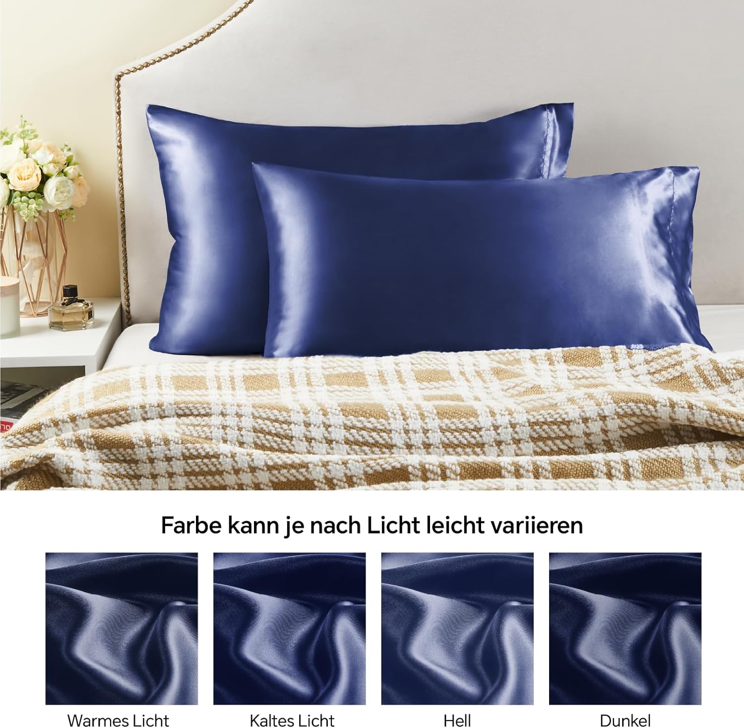 Thumbnail 5 de BEDELITE Satin-Kissenbezug 40 x 80 cm (2er Set) Dunkelblau – weich wie Seidenbezug, mit 2 Haargummis