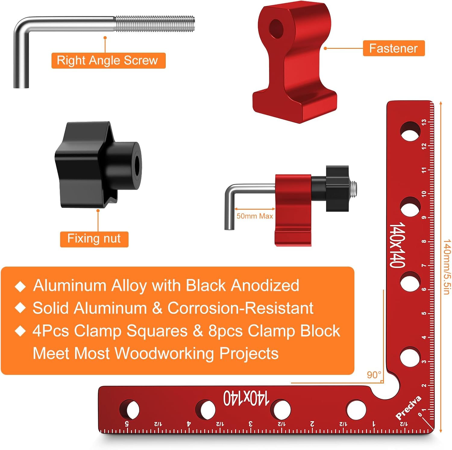 Thumbnail 2 de Preciva 90 Degree Right Angle Positioning Square Clamp (Aluminium Alloy) – 14cm set, red anodised – 2 sets