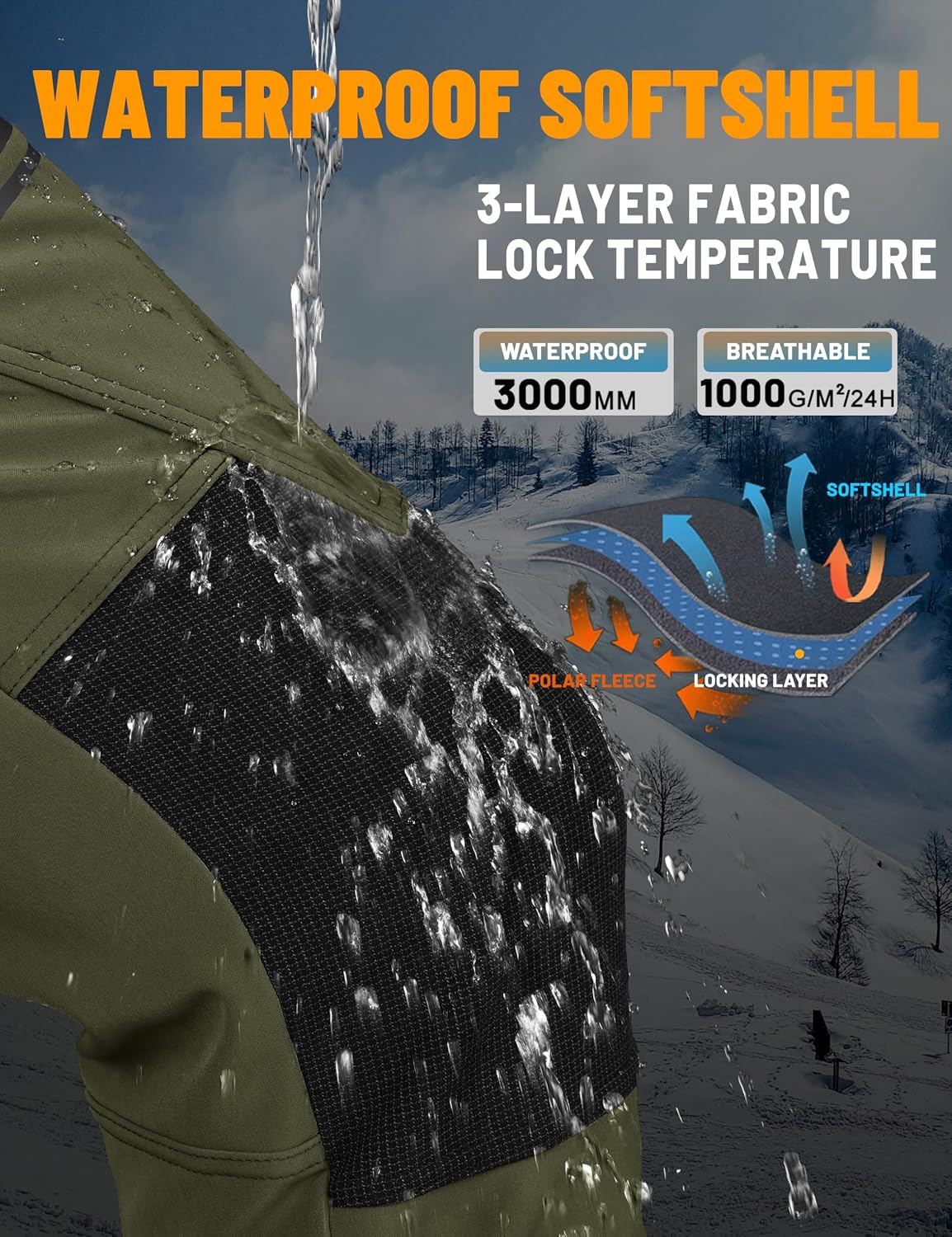 Detalle 1 de TACVASEN Men's Fleece-Lined Snow Pants, Waterproof Softshell, 4 Zip Pockets