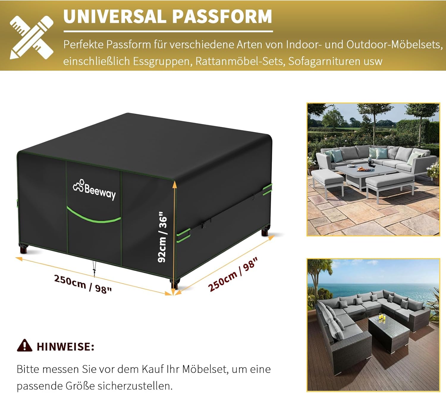 Thumbnail 1 de BEEWAY Wasserdichte Gartenmöbel-Abdeckung V2.0 (420D Oxford, 250 × 250 × 92 cm) für Terrassen- und Gartentische