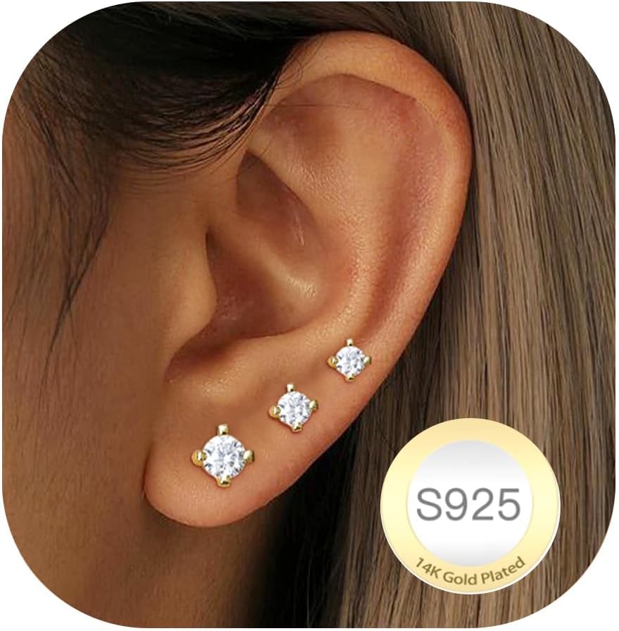 Detalle 2 de Rajputana 3 Paar kleine Ohrstecker aus 925 Sterling Silber (hypoallergen) mit CZ – Set mit 14K vergoldeten Details