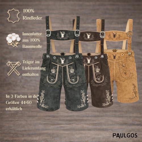 Detalle 2 de PAULGOS Herren Trachten Lederhose HK3 + Träger, Echtes Leder, Größe 56, Grau
