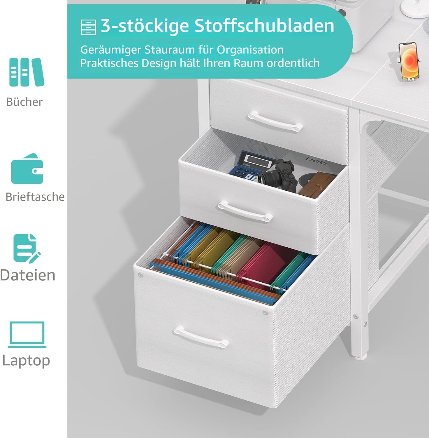 Detalle de Lufeiya Schreibtisch mit 3 Schubladen – Weiß, 118 x 50 x 75 cm, stabiles Computertisch-Design mit Stauraum