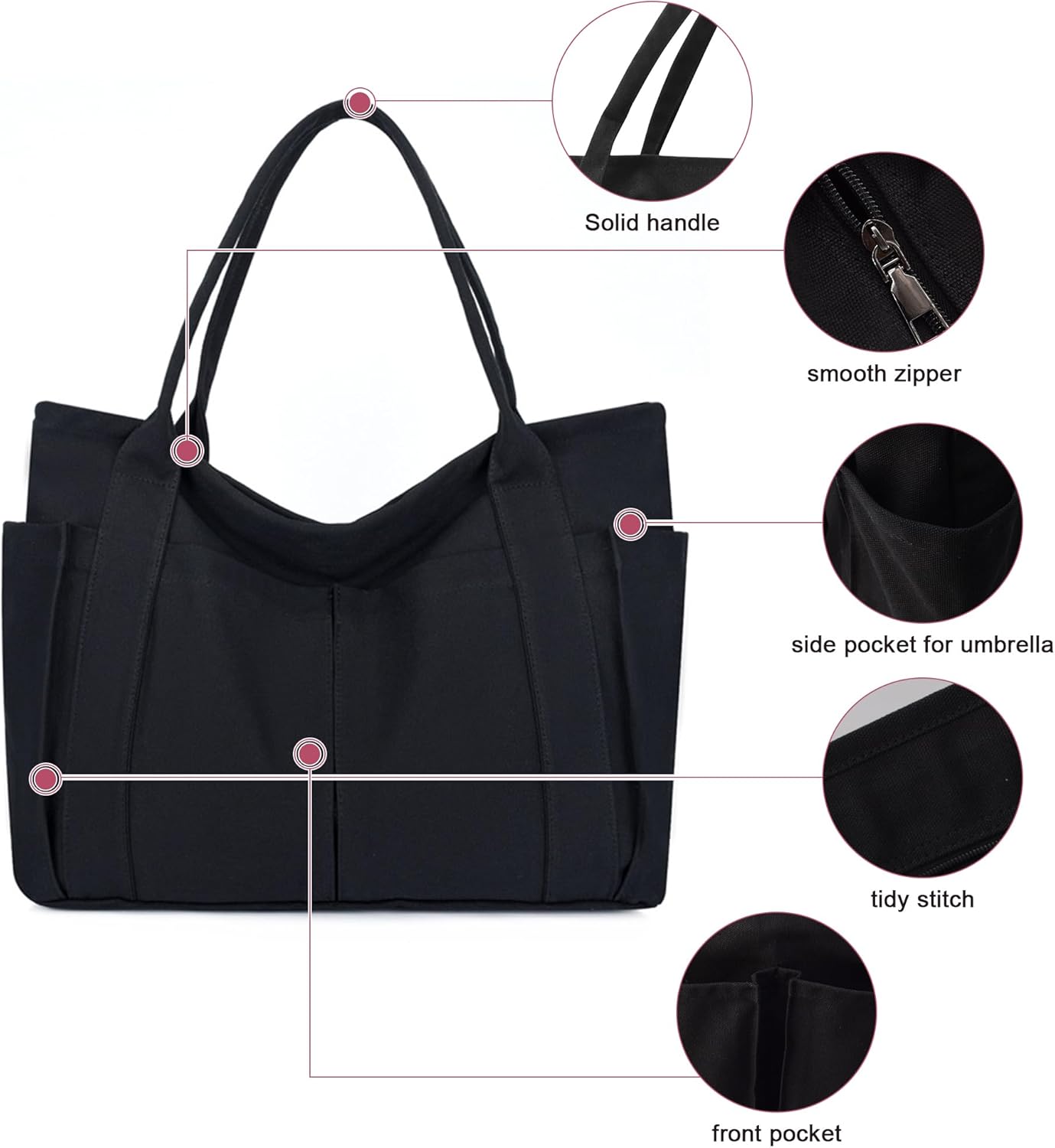 Detalle de Damen Große Canvas Tote Bag Shopper – Einfarbige Großtasche für Alltag, Schule und Reise