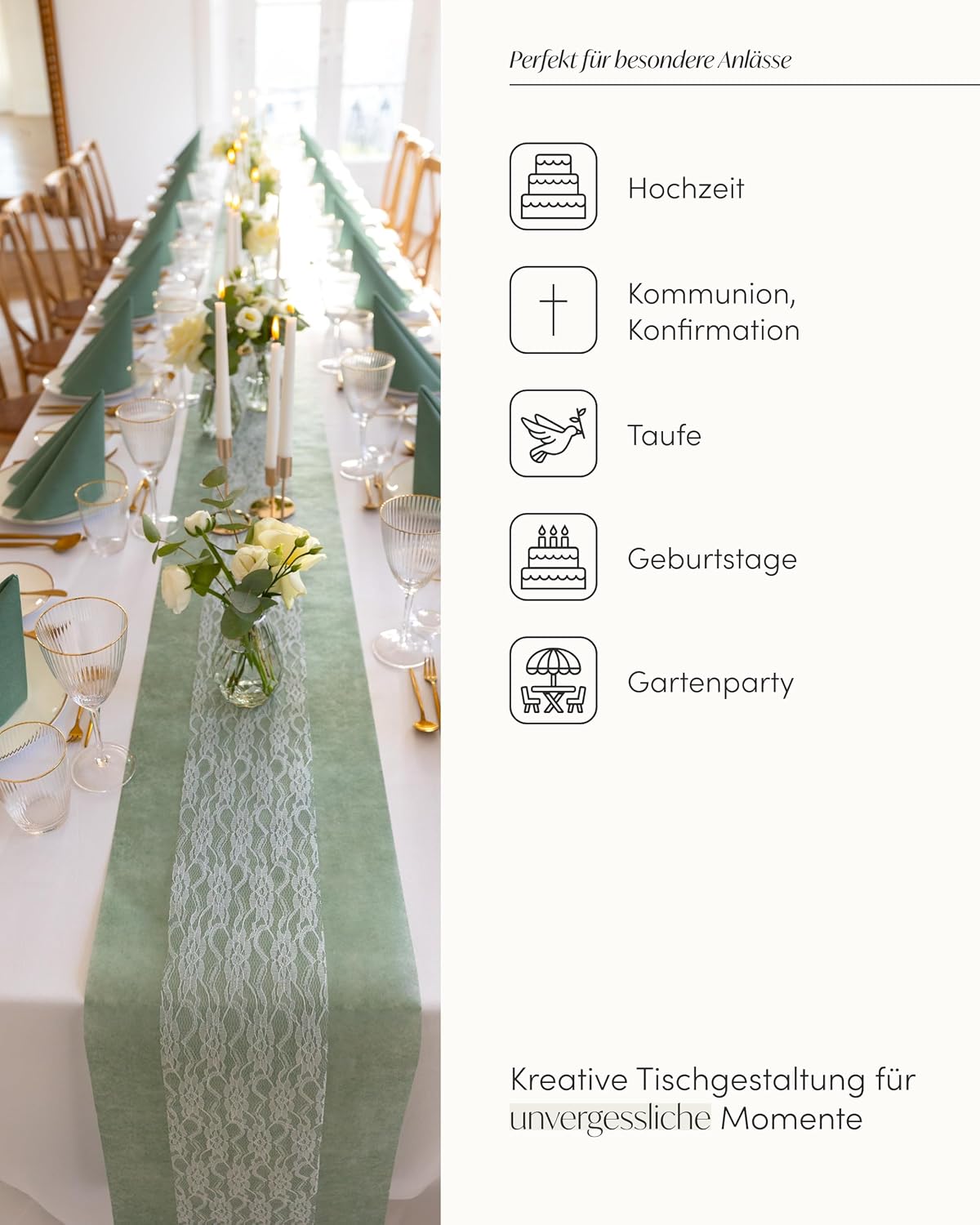 Thumbnail 1 de 100%Mosel Tischläufer-Set Eukalyptusgrün & Weiß mit Vliesbahn (30 cm x 25 m) und Spitzenband (15 cm x 25 m)