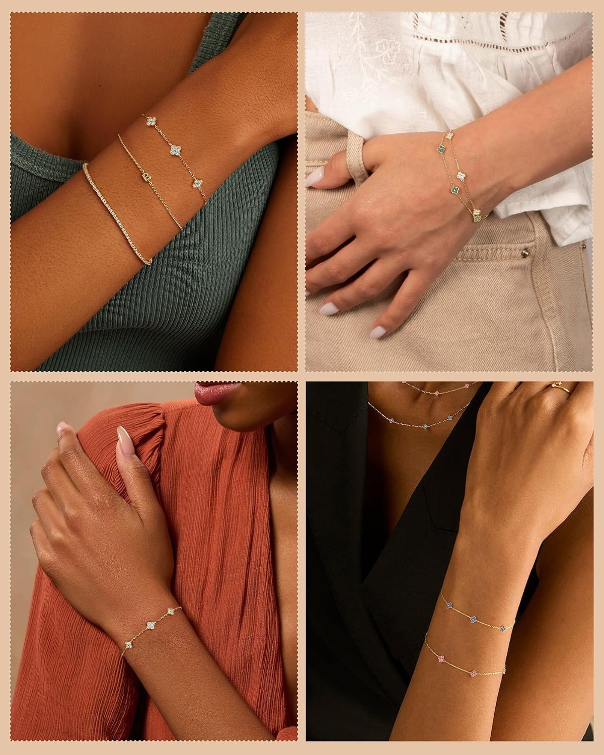 Detalle de ZHESHY Kleeblatt-Armband für Damen (14K vergoldet) mit Zirkonia, wasserfest & verstellbar