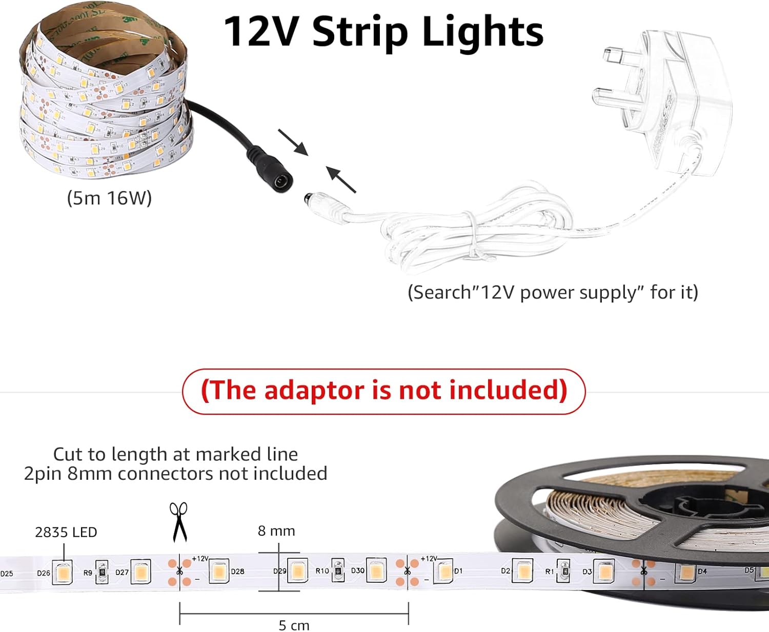 Thumbnail 3 de Lepro LED Strip Kaltweiß 5 m (12 V) mit 300x 2835 LEDs, dimmbar – 6000K, selbstklebend, ohne Netzteil