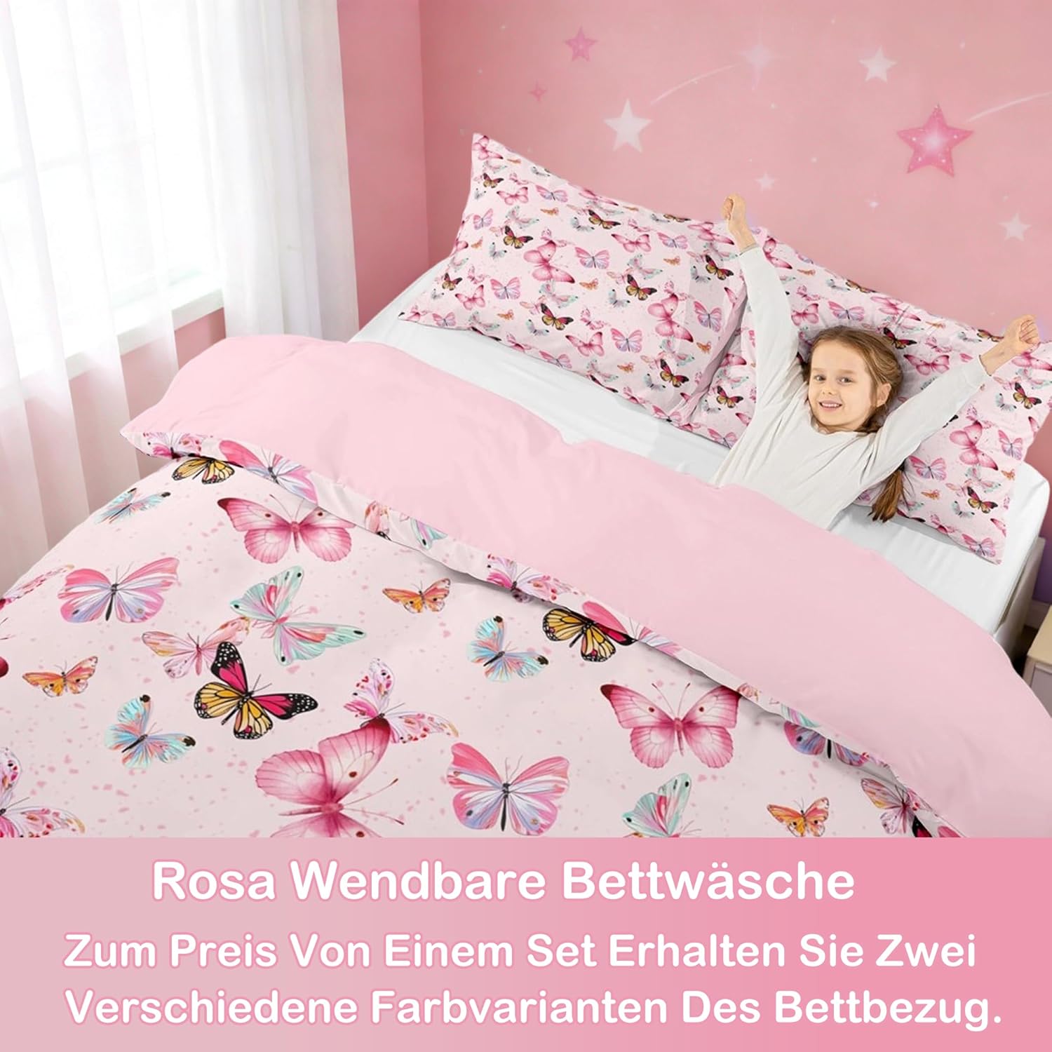 Thumbnail 4 de Homewish Mädchen Bettwäsche-Set 135 x 200 cm (2-teilig) „Süße Schmetterlinge“ – rosa