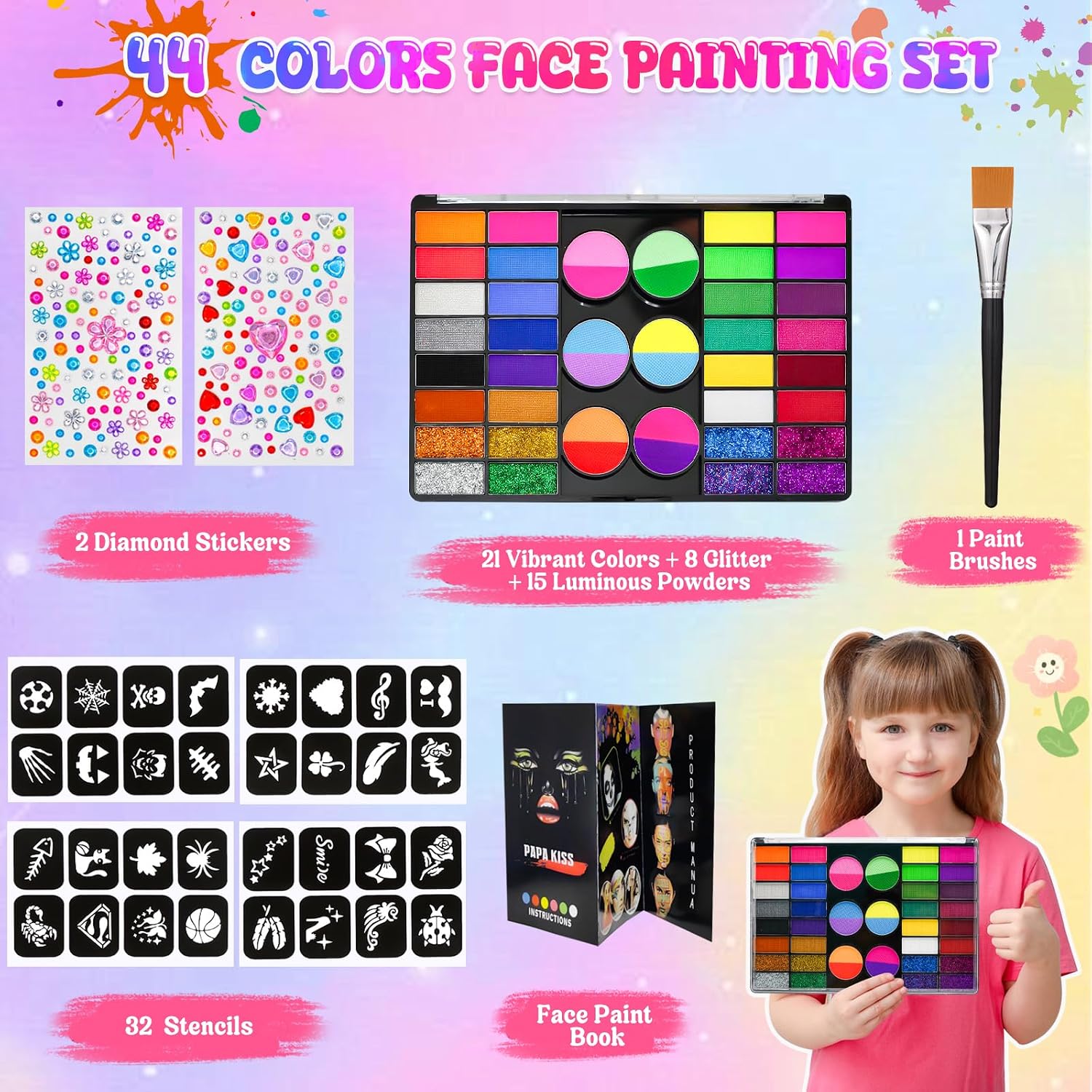 Thumbnail 4 de Gigmeta Kinderschminke Set – 44 Gesichtsfarben mit Pinsel, Schablonen und Diamant-Stickern