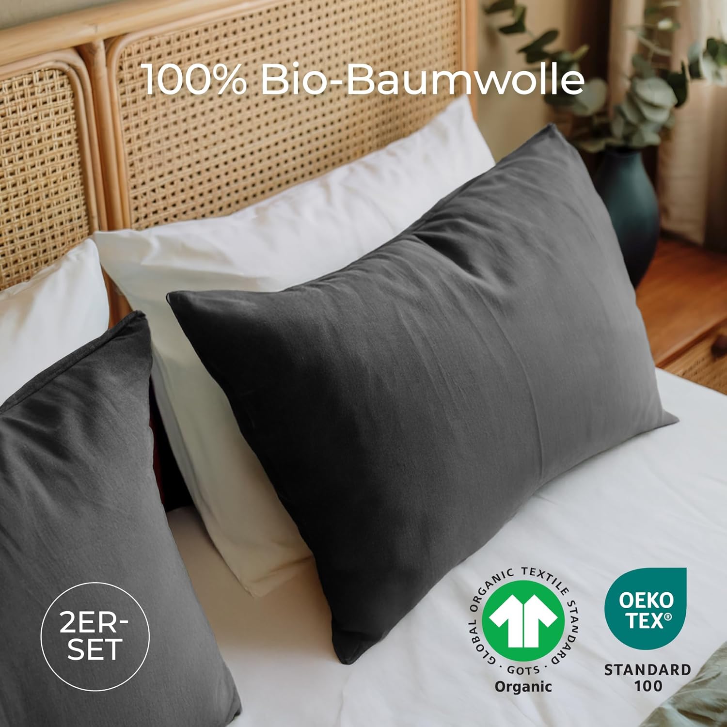 Thumbnail 1 de Dreamzie Kissenbezug 40x80 cm aus 100% Bio-Baumwolle, 2er Set – Anthrazit