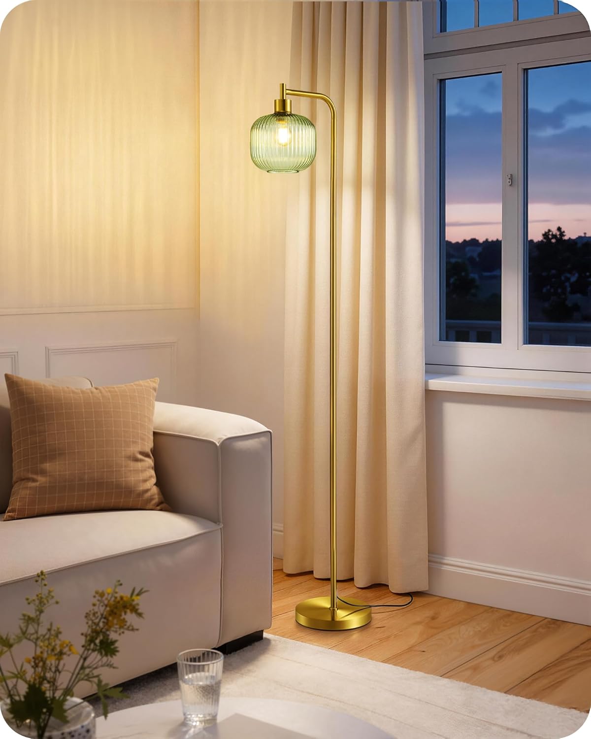 Thumbnail 6 de EDISHINE Lampadaire sur Pied Salon – Lampe Arquée avec Abat-Jour Verre Vert Menthe et Structure Dorée