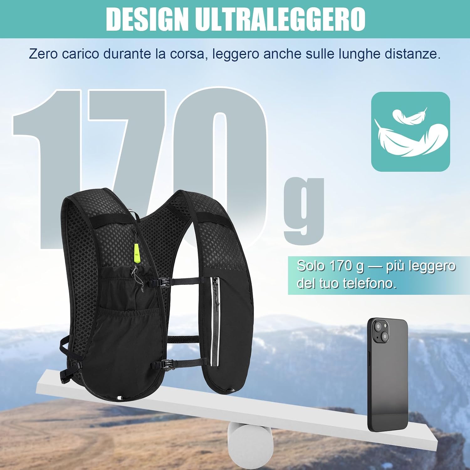 Detalle 2 de ONETOALL Gilet Running: Zaino da Trail con Soft Flask 500 ml e Luce LED, versione unisex 175 g